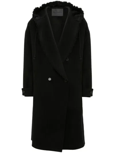 Jw Anderson Hooded Double Breast Wool Coat In Black