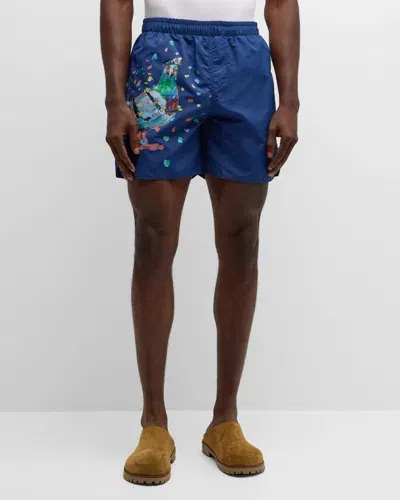 Jw Anderson Men's Pigeon Graphic Shorts In Navy