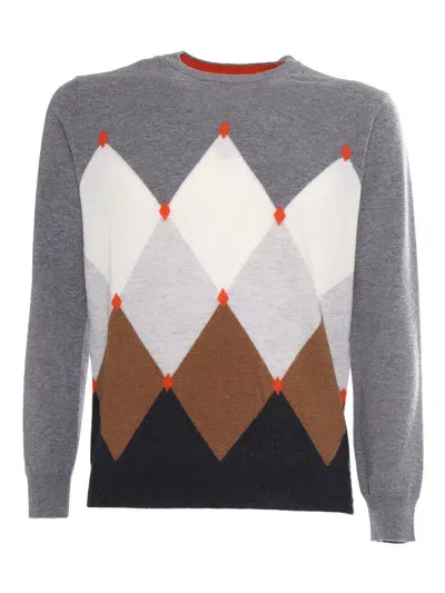 Kangra Cashmere Diamond Pattern Crewneck Sweater In Gray