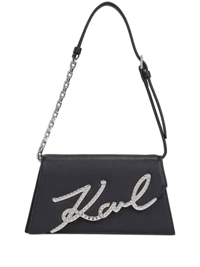 Karl Lagerfeld Signature Studded Leather Shoulder Bag In Black