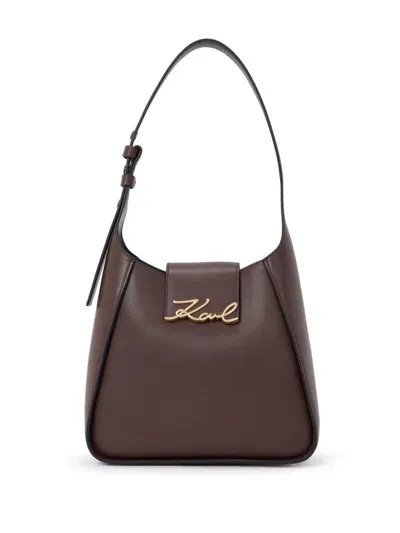 Karl Lagerfeld Signature Leather Shoulder Bag In Brown