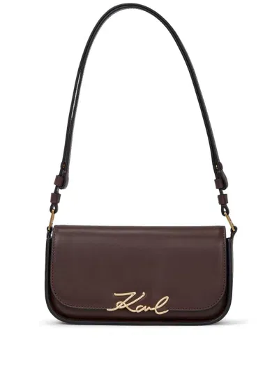 Karl Lagerfeld Signature Leather Shoulder Bag In Brown