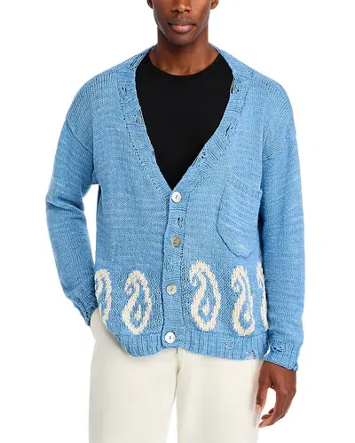 Kartik Research Distressed Paisley Cardigan Sweater In Indigo