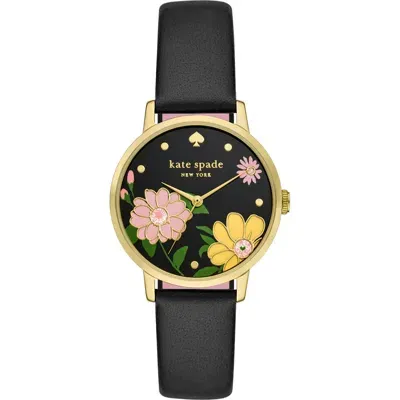 Kate Spade New York Metro Floral Dial Leather Strap Watch, 34mm In Black