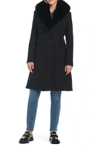 Kate Spade New York Wool Blend Coat With Removable Faux Fur Collar In Black