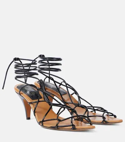 Khaite Arden Crinkled Patent-leather Sandals In 200 Black