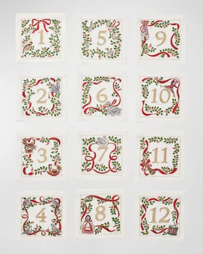 Kim Seybert Christmas Carol Cocktail Napkins, Set Of 12 In White/red/green