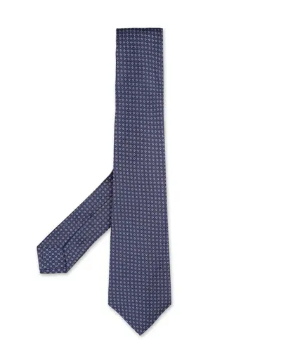 Kiton Blue Tie With Checked Pattern And White Micro Pattern