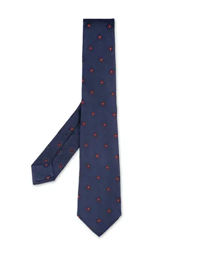 Kiton Blue Tie With Contrasting Floral Pattern