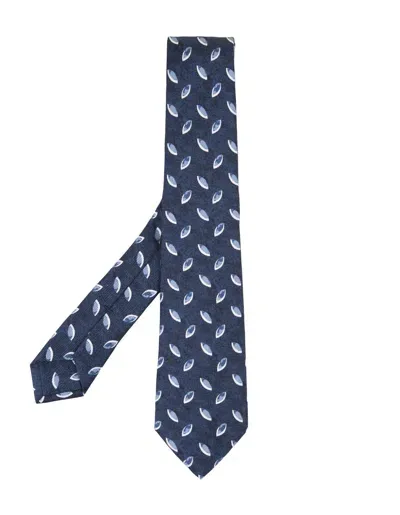 Kiton Blue Tie With Light Blue Leaves Pattern