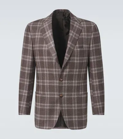 Kiton Checked Wool, Silk And Linen Blazer In Brown