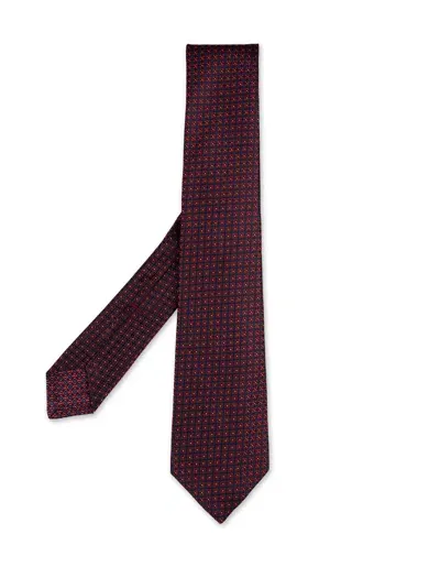 Kiton Dark Red Tie With Geometric Micro Pattern In Blue