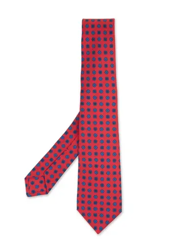 Kiton Red Tie With Blue Micro Pattern