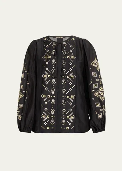 Kobi Halperin Bridgette Embroidered Blouson-sleeve Blouse In Black