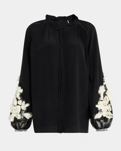 Kobi Halperin Carlin Blouson-sleeve Floral Applique Blouse In Black