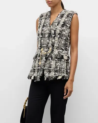 Kobi Halperin Danni Chain-embellished Frayed Tweed Vest In Black  Ivory