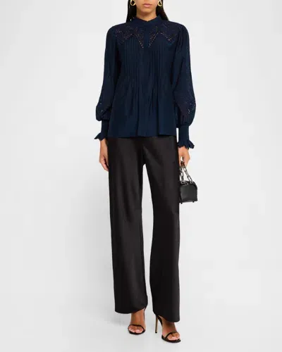 Kobi Halperin Delta Embroidered Cotton-silk Blouse In Navy