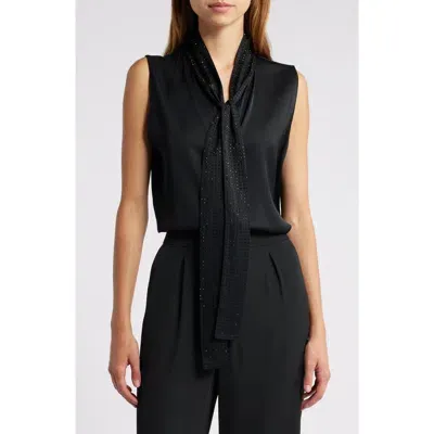 Kobi Halperin Evelyn Sequin Tie Neck Sleeveless Silk Blend Button-up Top In Black