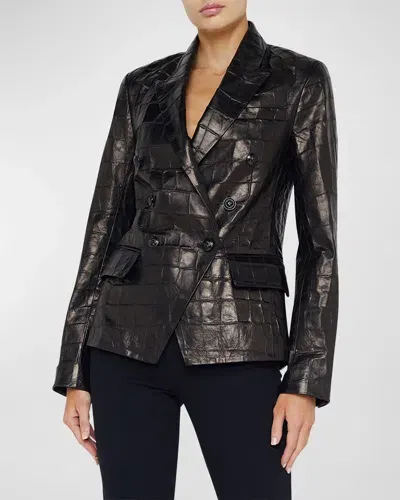 L Agence Kenzie Croc-embossed Faux Leather Double-breasted Blazer In Black