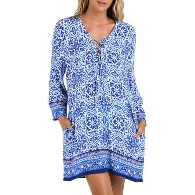 La Blanca Alboran Lace-up Long Sleeve Cover-up Tunic<br> In Blue