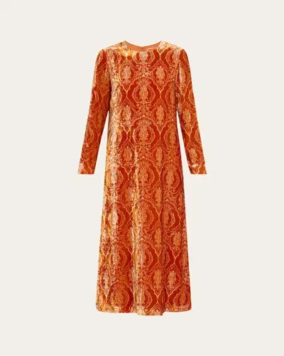 La Doublej Damask-print Velvet Long-sleeve Maxi Swing Dress In Open Orange