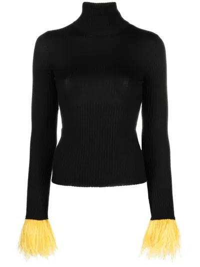 La Doublej Feather-cuff Ribbed-knit Jumper In Black