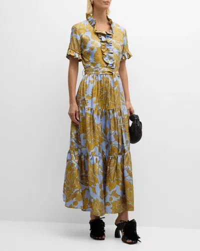 La Doublej Floral-print Short-sleeve Belted Tiered Maxi Dress In Light Blue