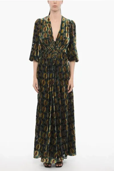 La Doublej Velvet Camerino Maxi Dress With Front Buttoning In Green