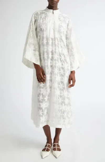 La Vie Style House Floral Embroidered Sheer Cover-up Caftan In White