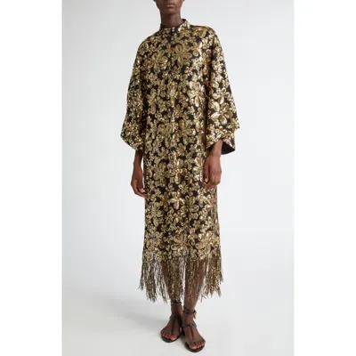 La Vie Style House Sequin Flower Fringe Hem Cover-up Caftan In Gold