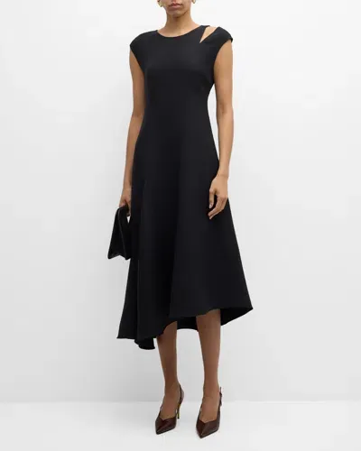 Lafayette 148 Asymmetric Cutout Wool-silk Midi Dress In Black