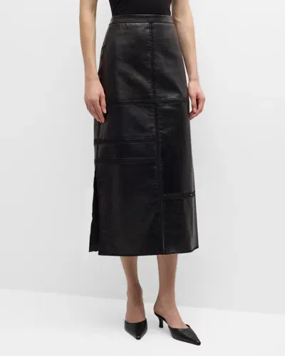 Lafayette 148 Block Panel Nappa Leather Midi Skirt In Black