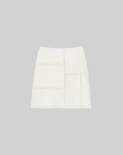 Lafayette 148 Bouclé Tweed Hand-fringed Patchwork Mini Skirt In Cloud