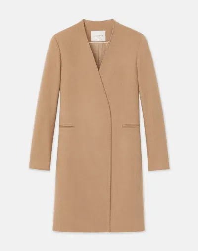 Lafayette 148 Camel Hair Collarless V-neck Coat In Beige