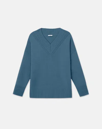 Lafayette 148 Cashmere Ribbed V-neck Sweater In Blue