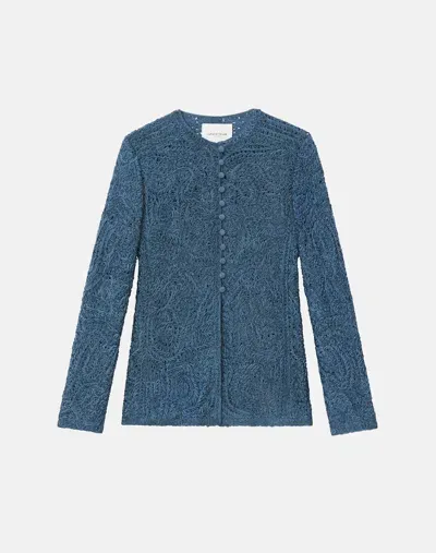 Lafayette 148 Embroidered Soutache Crewneck Cardigan In Blue