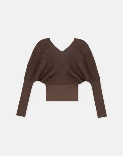 Lafayette 148 Finespun Voile Ribbed Blouson Sweater In Wood Metallic