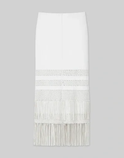 Lafayette 148 Lambskin Leather Hand Basketweave Fringed Skirt In White