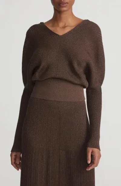 Lafayette 148 New York Juliet Sleeve Glitter Rib Sweater In Wood Metallic