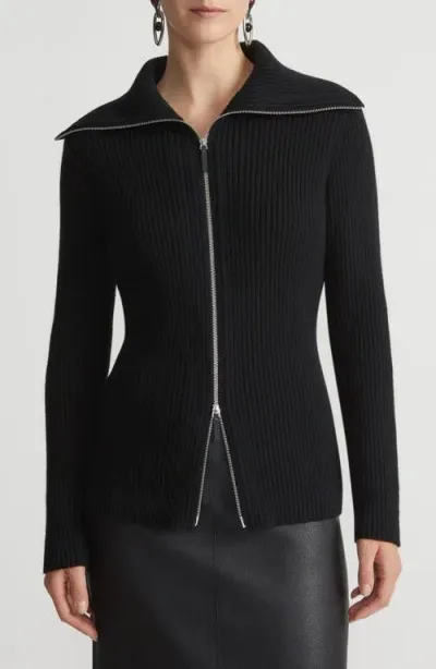 Lafayette 148 New York Rib Cashmere Zip Cardigan In Black