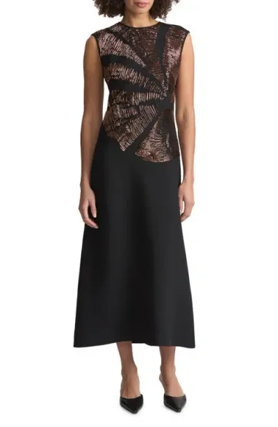 Lafayette 148 New York Tree Ring Hand Beaded Wool & Silk Midi Dress In Black