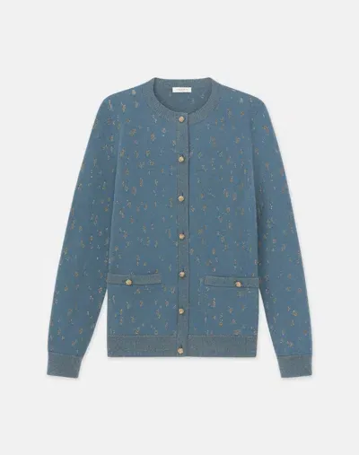 Lafayette 148 Petite Cashmere Floating Leaves Jacquard Pocket Cardigan In Blue