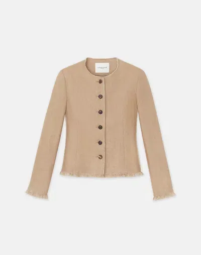 Lafayette 148 Petite Linen Hand-fringed Collarless Jacket In Gravel