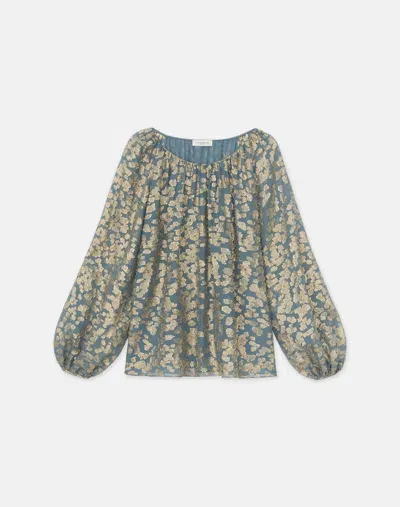 Lafayette 148 Plus-size Metallic Floating Leaves Silk Jacquard Balloon Sleeve Blouse In Blue