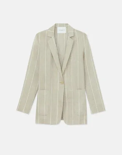 Lafayette 148 Plus-size Stripe Linen Patch Pocket Blazer In Grey