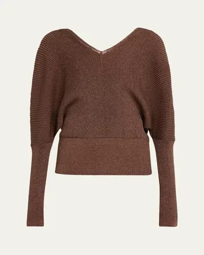 Lafayette 148 Ribbed Shimmer Dolman-sleeve Sweater In Brown