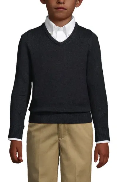 Lands' End Kids'  School Uniform Boys Cotton Modal Fine Gauge V-neck Sweater In Black