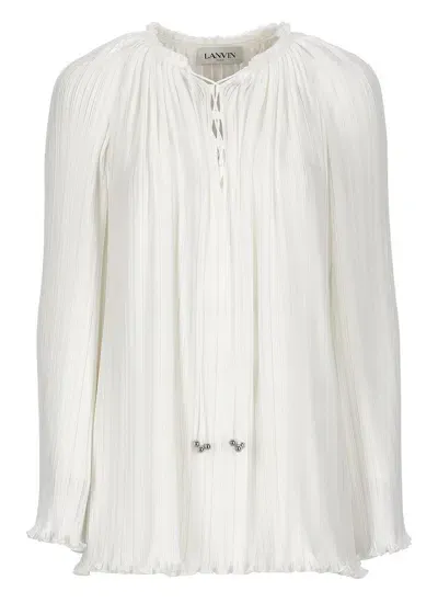 Lanvin Gathered Crewneck Long-sleeved Blouse In White