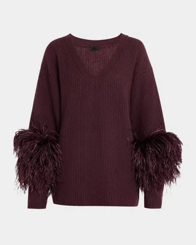 Lapointe V-neck Cashmere Sweater With Feathers In Mulberry