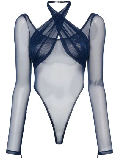 Laquan Smith Blue Mesh Layered Bodysuit